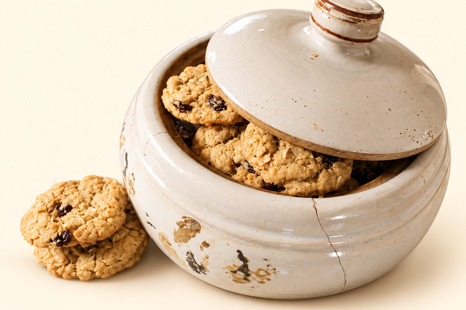 Oatmeal raisin cookies in a rustic cookie jar